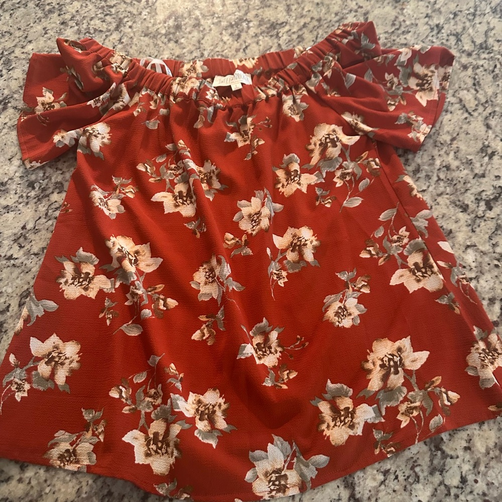 Floral Off-Shoulder Orange/Brick Colored Top